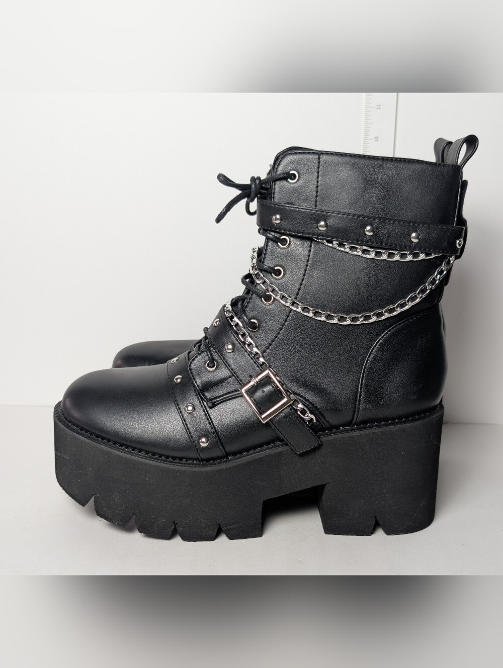 Women's Black Platform Gothic Ankle Boots High Block Heel Side Zip Chain 42 US11